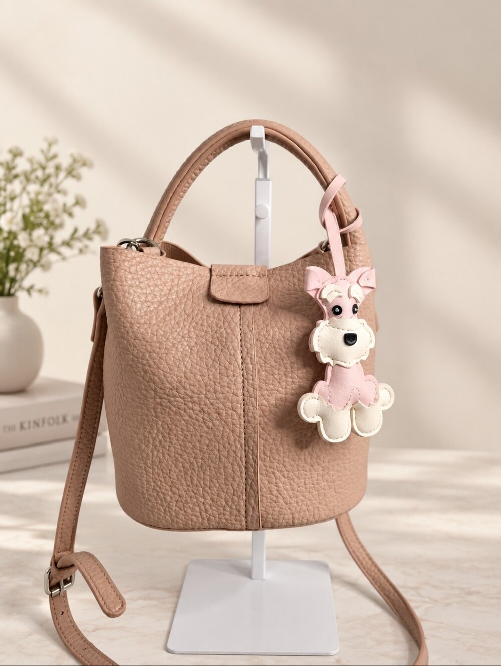 Mini Bucket Crossbody Bag with Schnauzer Dog Charm Taupe Blush EUC